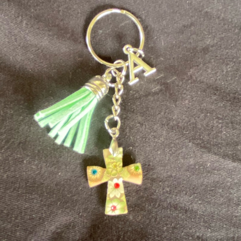 Gold Cross Keychain with Green Tassel